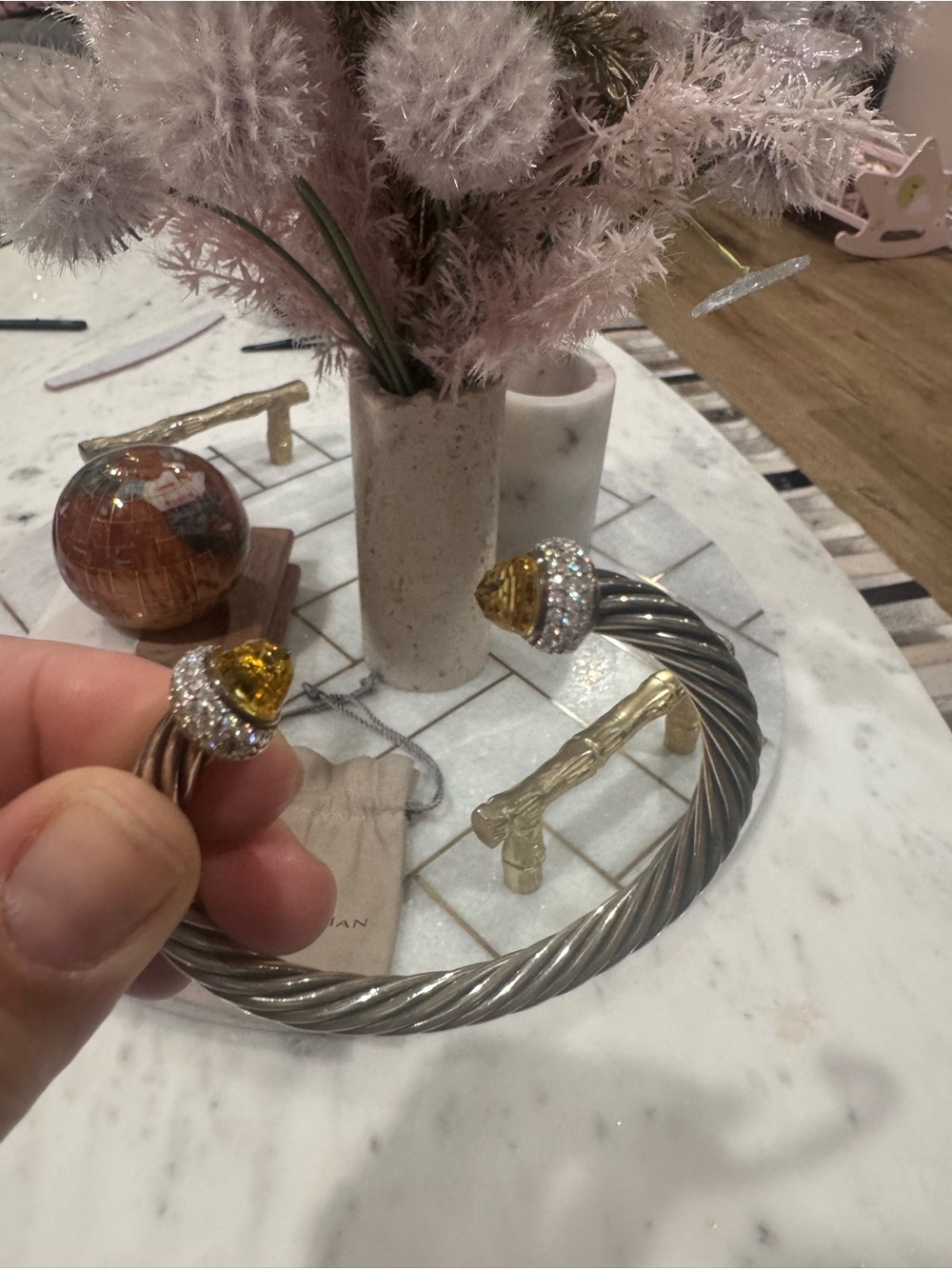 David Yurman Silver Cable Bracelet with Citrine and Diamond Caps - Picture 3 of 5